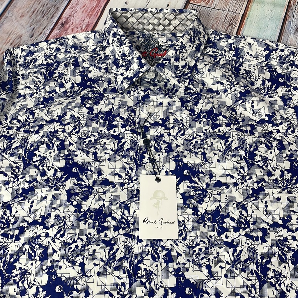 Nwt Robert Graham Men's Button Up Short Sleeve Shirt, Blue Floral, Size Large
